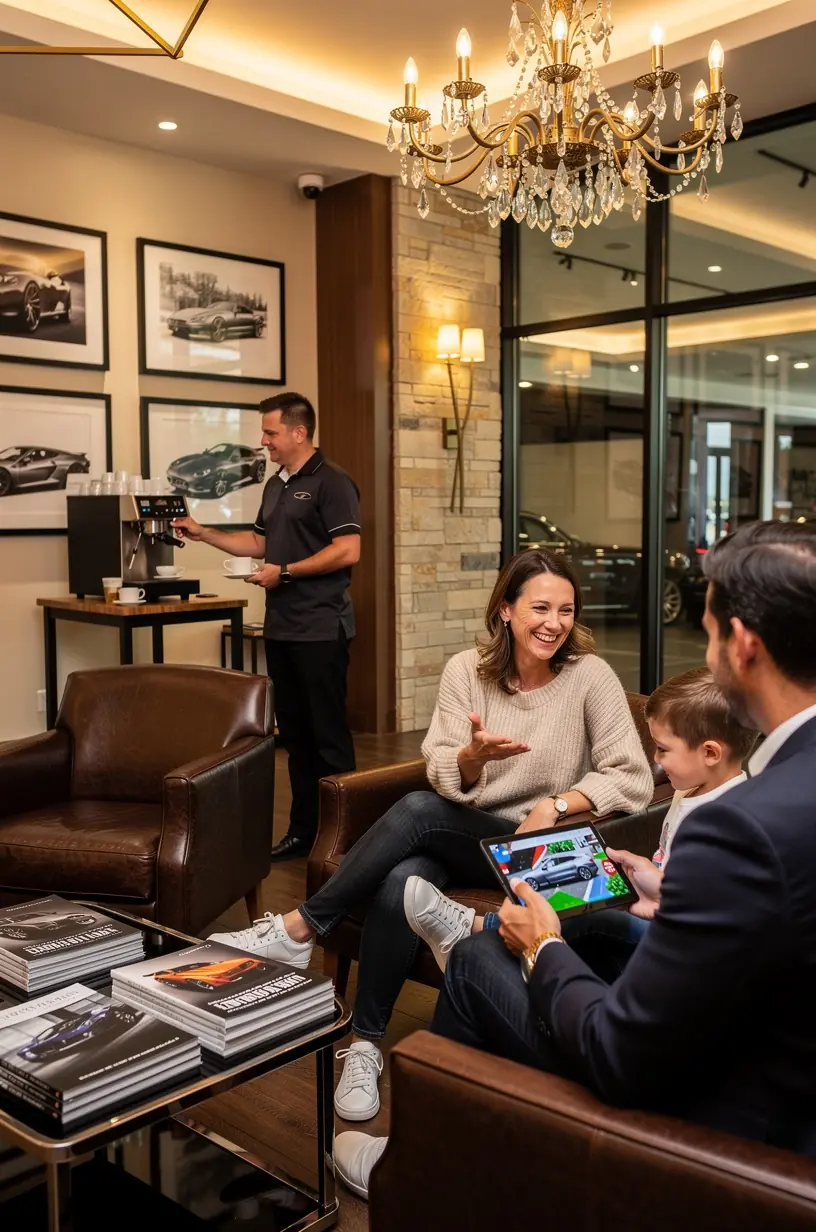 Wide shot of a luxury vehicle maintenance boutique interior featuring premium imported cars undergoing routine service and repairs