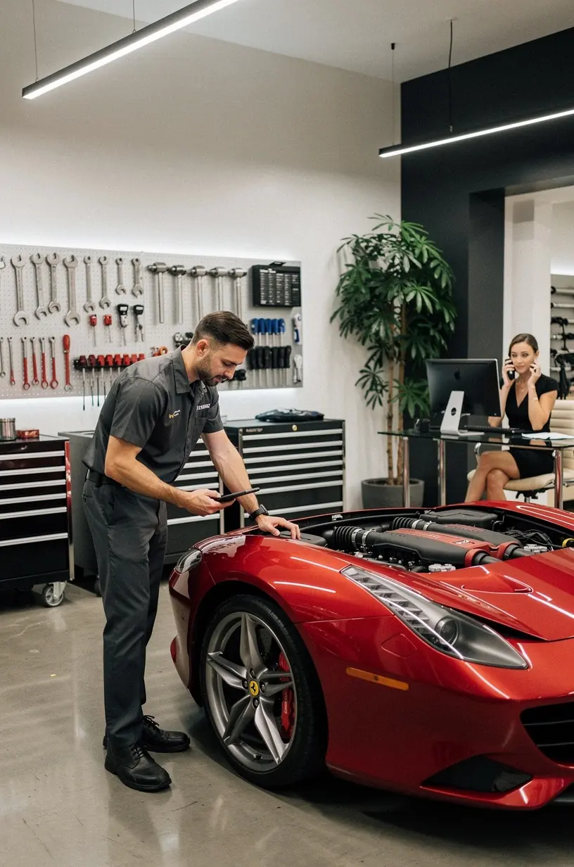 Skilled mechanic inspecting brake components on a luxury European sports car inside a clean, professional workshop environment